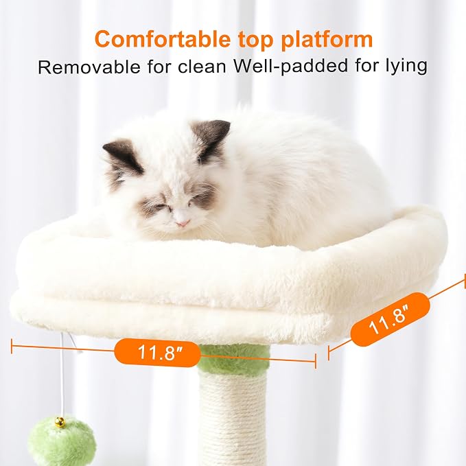 Heybly Cat Tree with Toy, 43.3 inch Cat Tower for Indoor Cats HCT004SGM | Cat Condo with Durable Sisal Scratching Posts, Cat House with Padded Plush Perch, Cozy Hammock, Green and Beige
