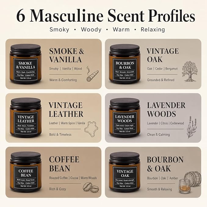 Candles for Men Gift Set, 6 x 3.5 oz / 100 g Scented Soy Candles for Home, Masculine Aromatherapy Candles Gifts Sets for Birthday Father's Day Anniversary Christmas Men