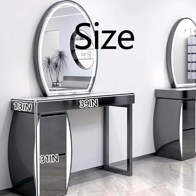 Salon Station for Hair Stylist with Curved Cabinet & Glowing Accents, Barber Station includes Oval LED Mirror, Large Capacity Storage