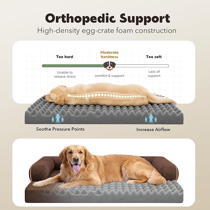 Orthopedic Waterproof Dog Bed with Bolster for Extra Large Size Dogs | Pillow Support for Neck Relief, Egg Crate Foam, Waterproof Liner, Anti-Slip Bottom, Removable Bolster Cover, 48 x 33 Inch