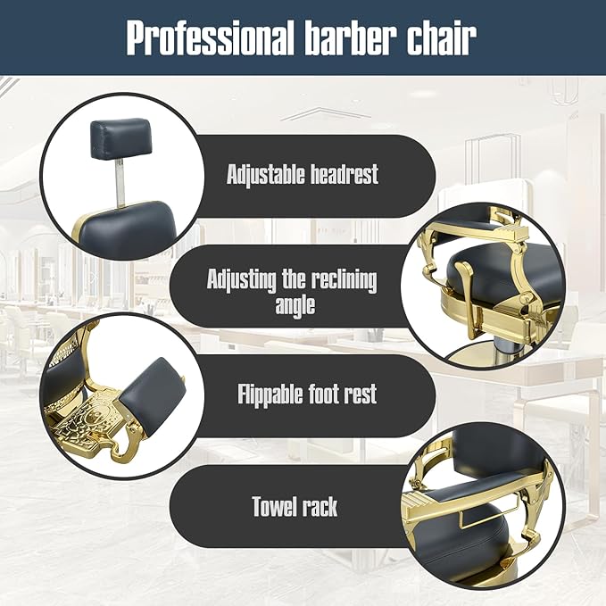 FRNIMAC Heavy Duty Barber Chair, All Purpose Vintage Style Mens Barber Chair Hydraulic Recline Salon Chair Barbershop Equipment for Beauty Spa Tatoo Massage, Golden and Black