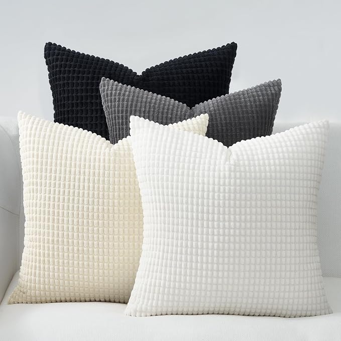 Topfinel Black and White Couch Pillow Covers for Living Room 45x45 cm Set of 4,Mid Century Modern White Neutral Corduroy Corn Throw Pillows,Rustic Square Bench Chair Cushion(18 Inch/Dark Gray)