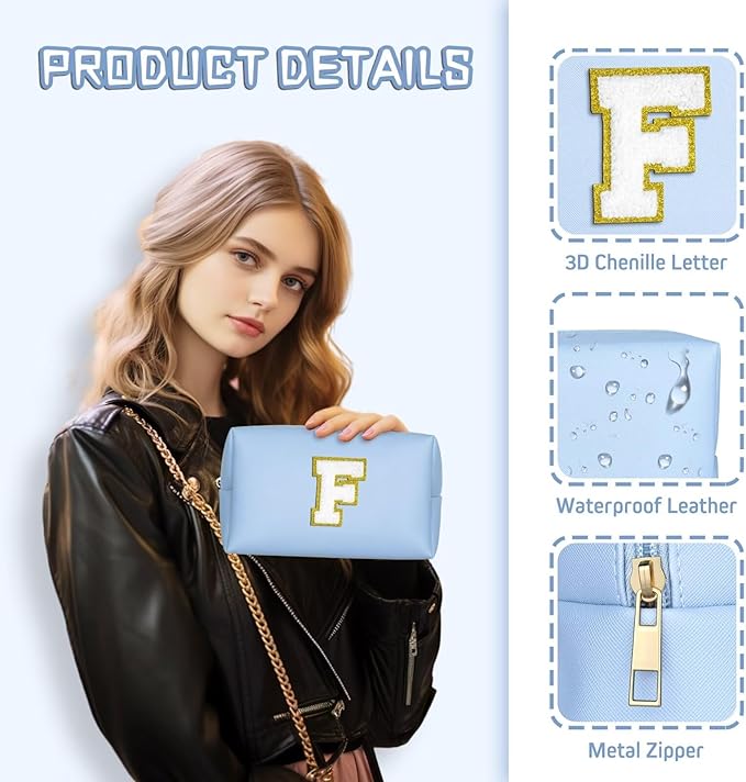 TOPEAST Preppy Patch Makeup Bag, Chenille Letter Pouch Cosmetic Bag, PU Leather Waterproof Toiletry Bag, Personalized Birthday Gift for Women Girl, Cute Stuff for Girls (Sky Blue B)