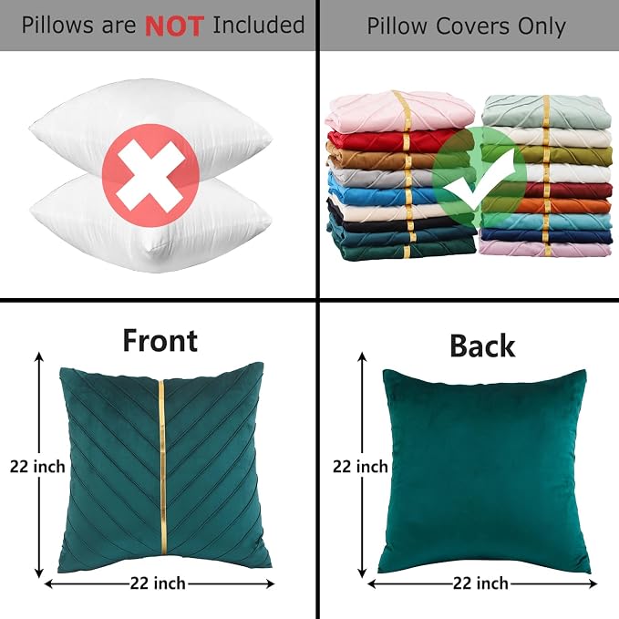 Velvet Throw Pillow Covers 22x22 Pack of 2 Gold Decor Peacock Blue | Soft Solid Pillow Covers,Modern Luxury Home Decor,for Couch Chair Sofa Bedroom Livingroom,Hidden Zipper,Ideal Gift,Easy Care
