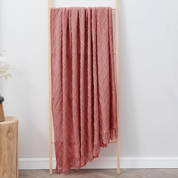inhand Coral Pink Knitted Throw Blanket for Couch and Bed, 60"x80" | Gifts for Mom from Daughter Son, Soft Lightweight with Tassel, Farmhouse Warm Decorative Blanket for Women, Cozy Knit
