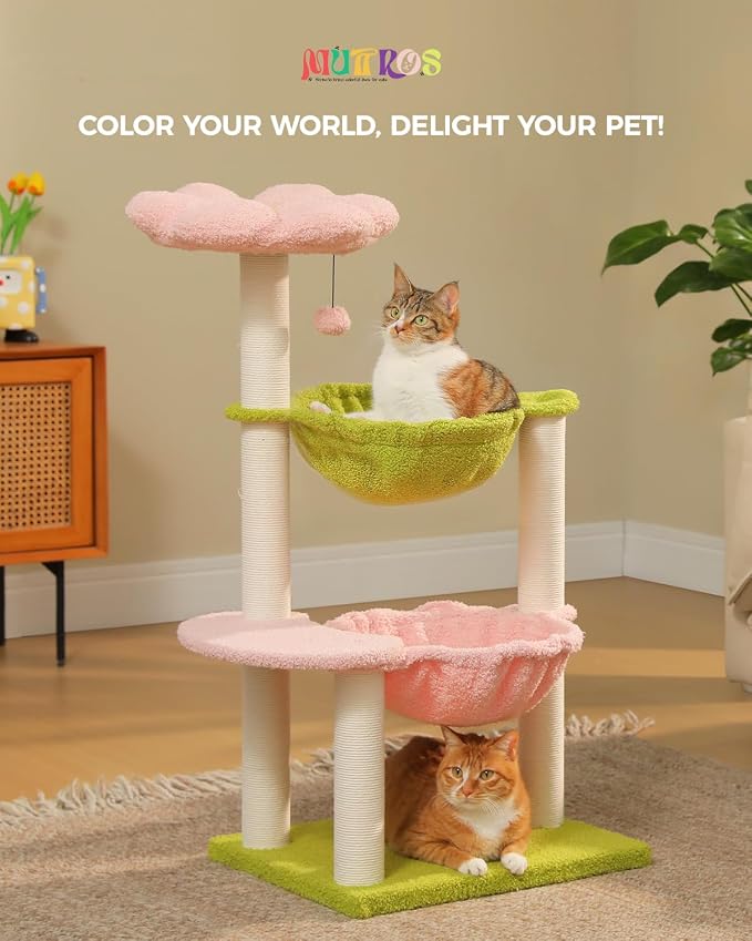 37.4" Flower Cat Tree with 2 Hammocks & 6 Sisal Posts, Pink | Flower top perch, 2 spacious hammocks, 6 sisal posts, Cute small tower, For indoor kittens, Sturdy build