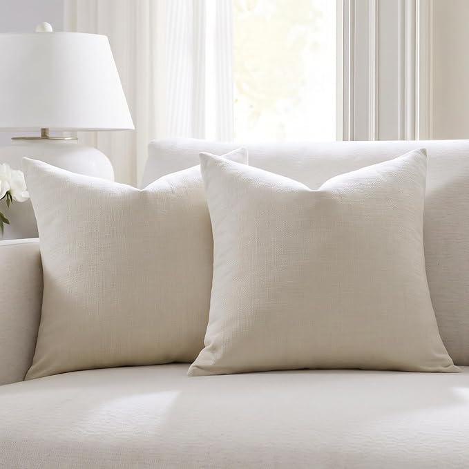 Meekio Set of 2 Ivory Throw Pillow Covers 20x20, Modern Farmhouse Linen Blend Decorative Pillow Covers for Couch Sofa Bed, Neutral Home Decor
