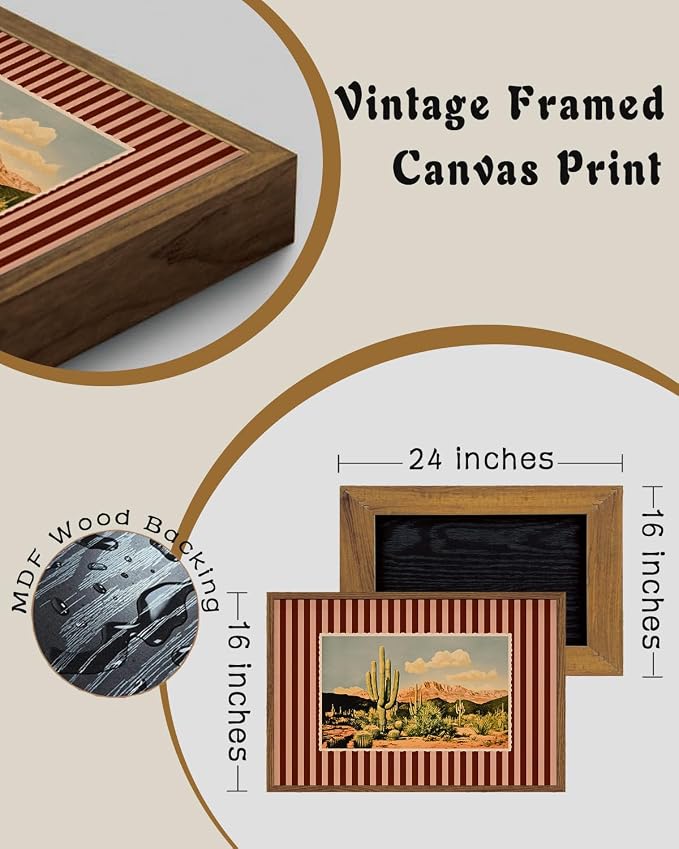 ZZLWBKGL Western Wall Decor Cactus Canvas Art Desert Framed Wall Art | Mid Century Southwestern Artwork Nature Striped Paintings for Living Room Bedroom Study