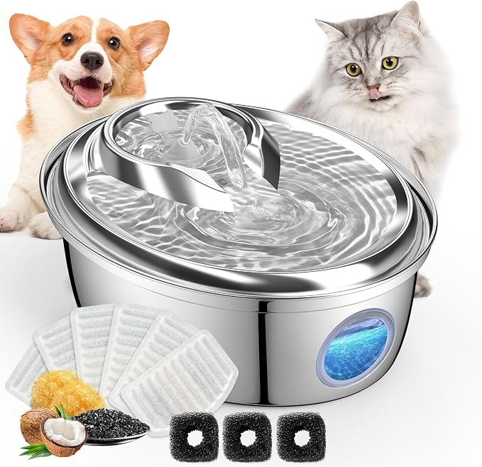 ORSDA Stainless Steel Cat Water Fountain, Automatic Pet Drinking Fountain, 100oz/3L Dog Water Dispenser with LED Water Level Window- 6 Filters +3 Pump Sponges (D66)