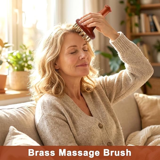 29-Teeth Wooden Handle Copper Head Massage Comb and Sandalwood Triangle Massager, Body & Scalp Gua Sha Tools Set for Meridian Acupressure, Stress Relief, Cellulite Remover