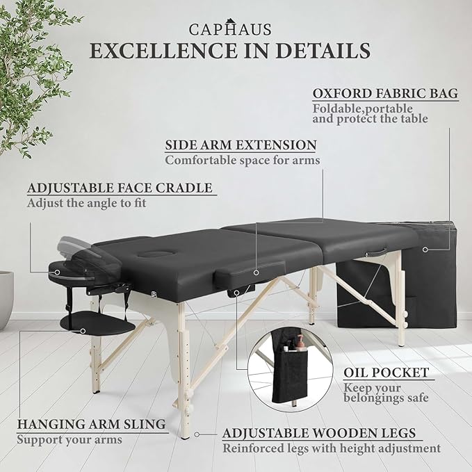 CAPHAUS Premium Memory Foam Massage Table, 84 Inch Foldable & Portable, Height Adjustable Spa Bed, Facial Cradle Salon Bed, Wooden Legs & Carry Case, 32 Inch Wide, Black