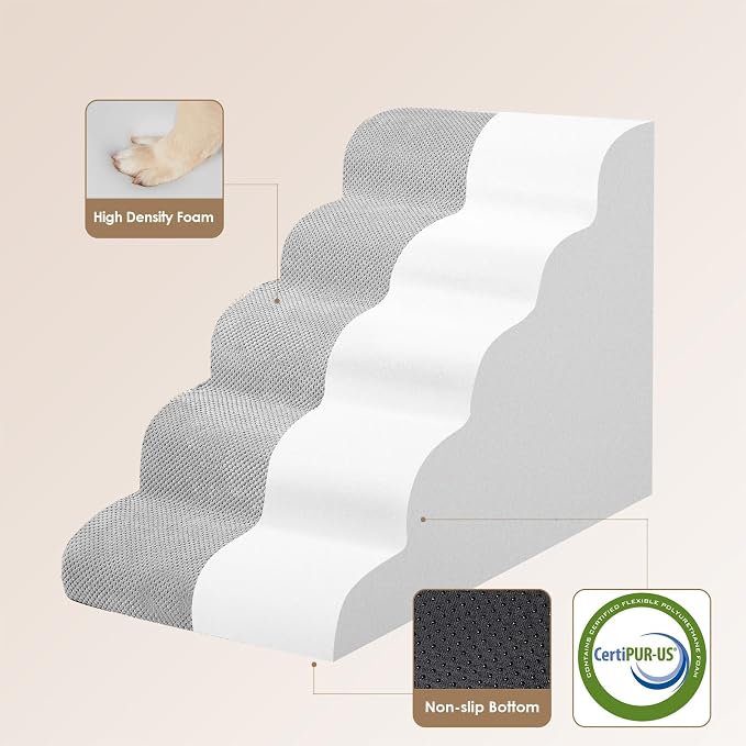 EHEYCIGA Curved Dog Stairs Ramp, 5-Step Extra Wide High Beds, Dog Steps | 33D density of pure foam, for Small Dogs and Cats, Pet Stairs for High Bed Climbing, Non-Slip Balanced Indoor, Light Grey