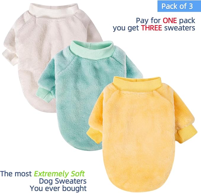 FabriCastle Small Dog Sweaters, 3-Pack Dog & Cat Clothes, Ultra Soft and Warm Pet Jackets for Small Dogs Boy & Girl, Winter Pet Apparel Costumes, Puppy Outfits (Beige,Light Green,Yellow, Large)