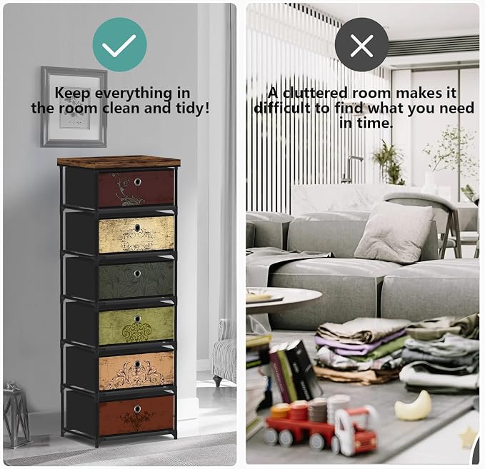VASICAR 6 Drawers Storage Organizer Cabinet, Decorative Storage Chest, Small Dresser, Stand Nightstand for Bedroom, Living Room, Closet, Entryway, Hallway, Nursery, Dorm