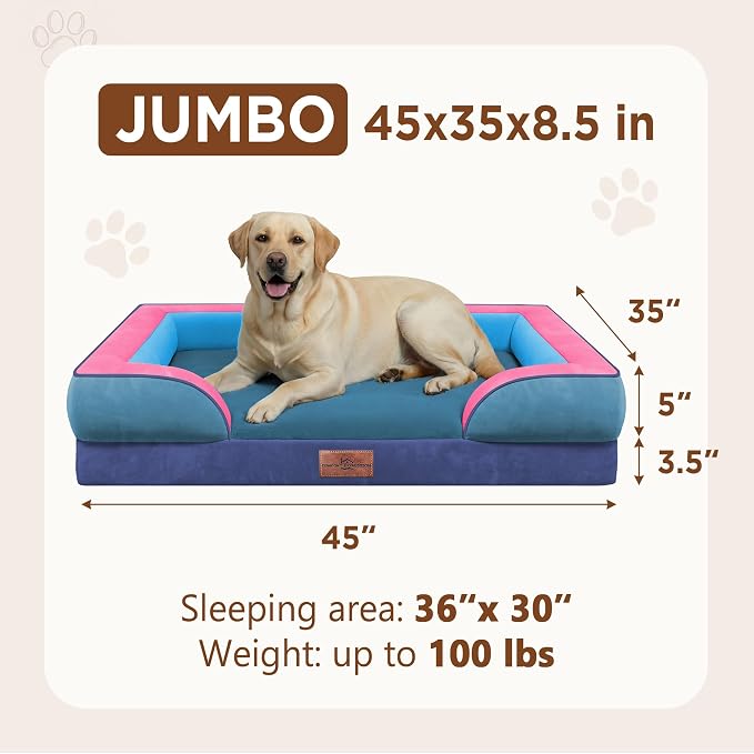 Comfort Expression Orthopedic Dog Bed for Extra Large Dogs with Bolster | Waterproof Dog Couch Bed with Washable Cover & Non-Slip Bottom, Supportive Egg Crate Foam XL Pet Bed, 45x35 Inch