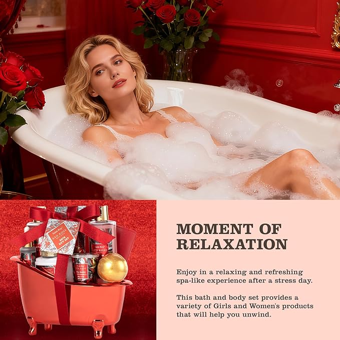 Mother gifts Spa Gift Set For Women, Birthday Gifts for Her, Spa Gift Basket for Women, Red Rose Bath and Body in Floral Scents Bath Kits, Home Spa Gift Basket, Bath Spa Kit for Mothers day Lotion