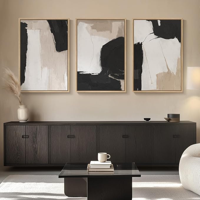 Large Framed Black and White Neutral Abstract Wall Art, 3 Piece, 24x36 In | Black and white pictures, Canvas prints, Wood frame, Modern minimalist artwork for walls, Wall decor for living room office