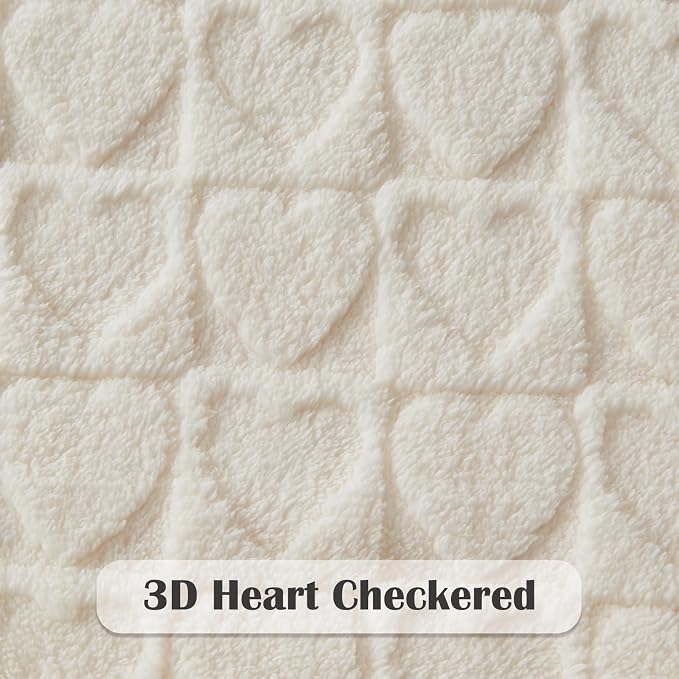 NEWCOSPLAY 3D Heart Checkered Flannel Throw Blanket, Off White, 50"x70" | Super Soft Cute Lightweight Decorative Premium Silky Fleece Blanket for Couch Sofa Bed, Gift for Women Men, All Season Use