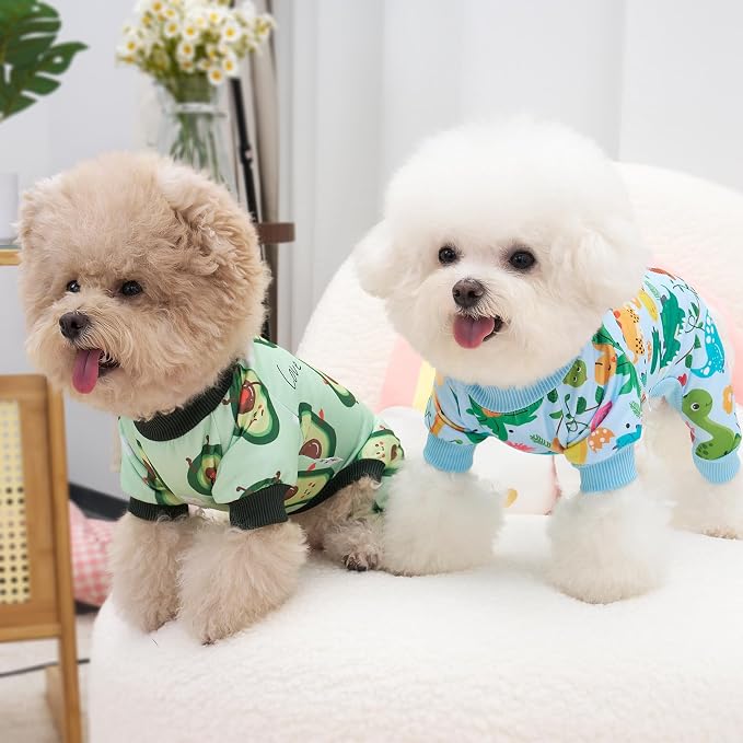 XPUDAC 2 Pack Dog Pajamas for Small Breeds, 4-Way Stretch Soft Dog Onesie Lightweight Warm Pet Clothes Jammies for Large Breeds Dinosaur Avocado Print, S