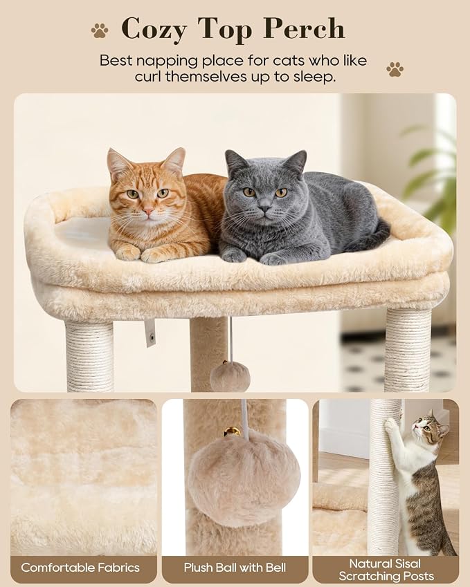 SYANDLVY Small Modern Cat Tree with 2 Levels Perch Platforms for Kittens | Natural Sisal Scratching Post Tower with Hanging Bell Ball & Anti-Tip Strap, Cat Furniture for Indoor Cats, Beige