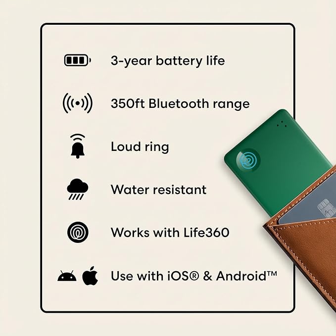 Life360 Tile Slim - Wallet Finder, Bluetooth Tracker and Item Locator for Luggage Tags, Passports and More. Both iOS and Android Compatible. Phone Finder. 1-Pack (Green Surf)