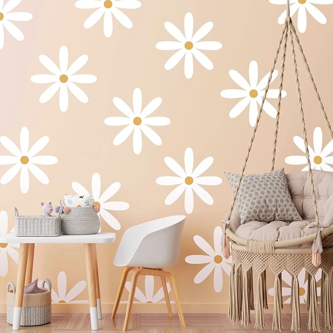 TaoBary 12 Sheet Daisy Wall Sticker Decal,White, Yellow,Fresh Style | Big Flower Wall Sticker, Pink White Floral Decal, Daisy Bedroom Room Decor, Removable Peel and Stick, Nursery Home Wall Decor