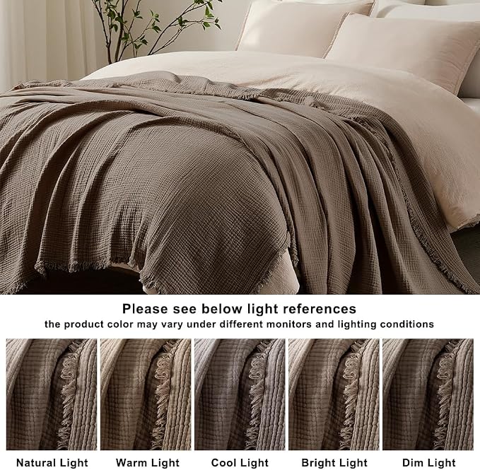 WDCOZY Muslin Blanket 100% Cotton Blankets Twin Size 4-Layer Breathable Lightweight for Couch Bed Boho Farmhouse Linen Tassels Ruffle Gauze Blankets 60x80 Inches Brown Mocha Chocolate Coffee Taupe