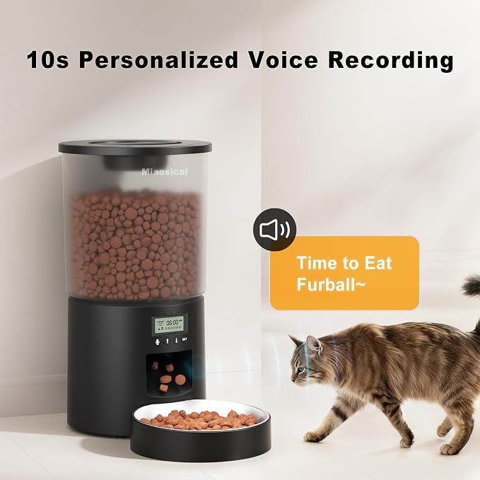 Automated Cat Feeder,Clear 4.2L Dry Food Dispenser with Single Bowl,Programmable Timed Pet Feeder for Up to 6 Daily Meals,10-Second Voice Message & Dual Power Backup (Black, 4.2L Press Version)