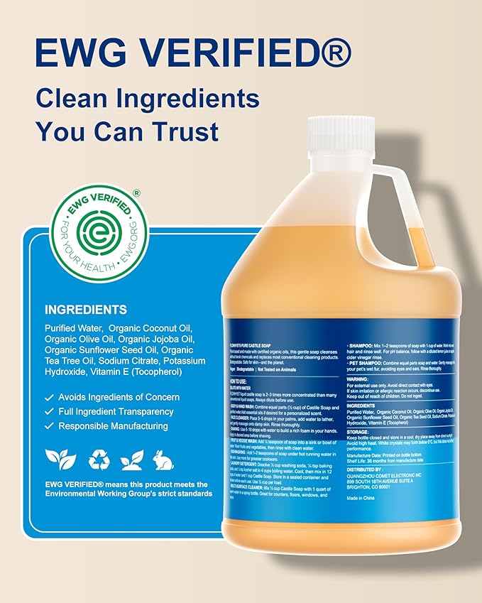 Pure Castile Soap Liquid Unscented 1 Gallon(128 fl oz) Refill, EWG Verified Organic Body Wash Bath Soap Castile Liquid,Hard Water Oily Skin Friendly for Body, Face, Hand,Home Cleaner
