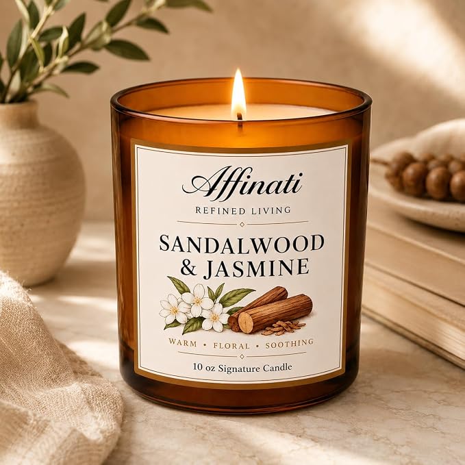 Affinati Sandalwood & Jasmine 10 oz Scented Candle – Long Lasting Luxury Soy Blend Candle for Home, Strong Scent Throw Rich Earthy Floral Aromatherapy Candles, Clean Burning Premium Gift