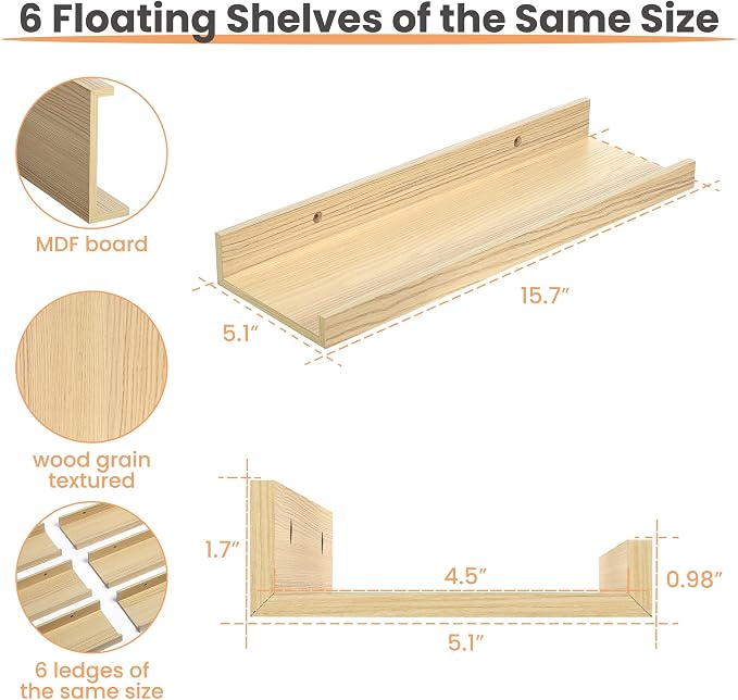upsimples Floating Shelves for Wall Decor Storage, Natural, 6Pcs, 15.7'' | Wall Mounted Wood Shelves for Living Room, Bedroom, Bathroom, Kitchen, Office, Laundry Room Display and Organize
