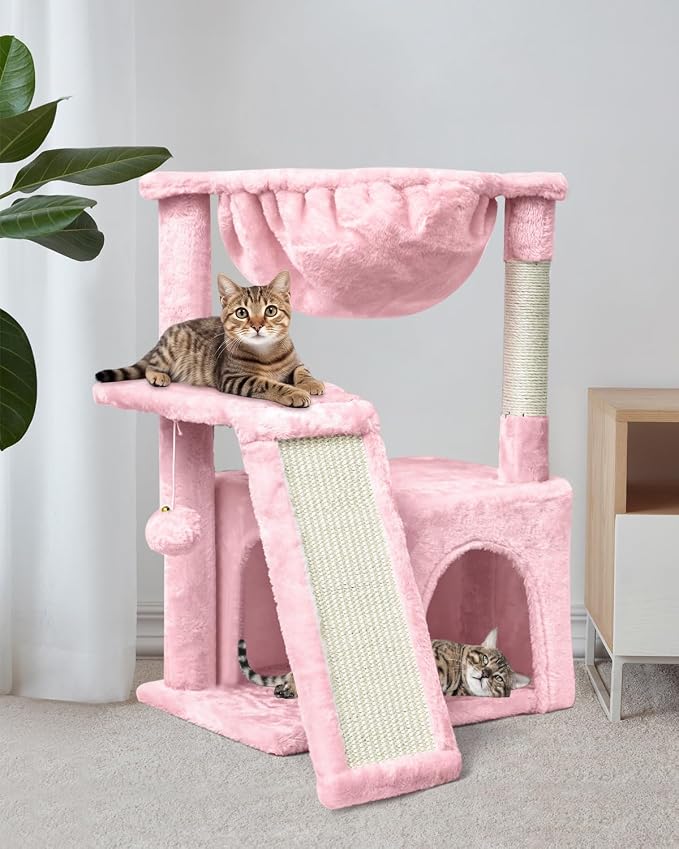 SYANDLVY Cat Tree for Indoor Cats Large Adults, Modern Activity Tower with Scratching Posts & Board, Condo with Plush Perch, Climbing Stand with Cradle & Hanging Ball for Play, Pink