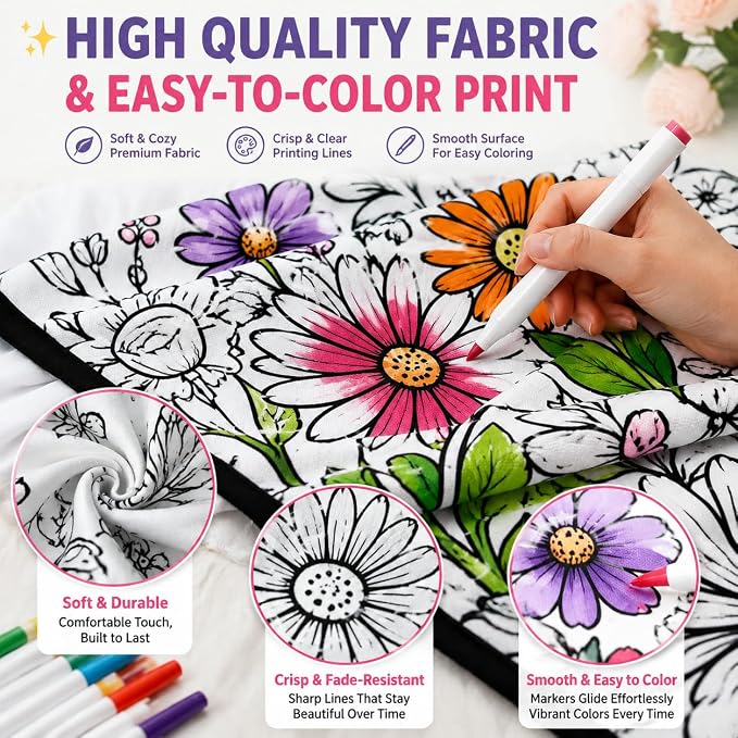 VEELU DIY Coloring Blankets with 24 Colors Markers for Adults | Custom Color In Your Own Blankets With 24 Colors Markers, Snuggle Color Sketch Washable Blankets Kit Home Decor