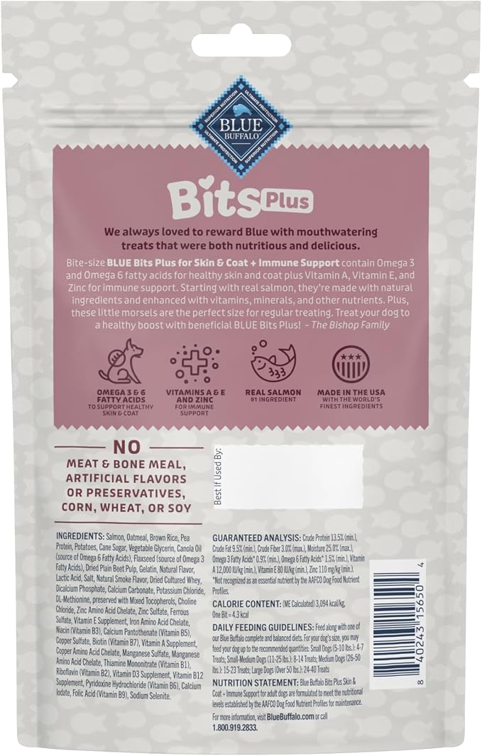 Blue Buffalo Bits Plus Salmon Dog Treats, 9.5 oz | Skin & Coat Health, Omega 3 & 6 Fatty Acids, Vitamin A, E & Zinc for Immune Support