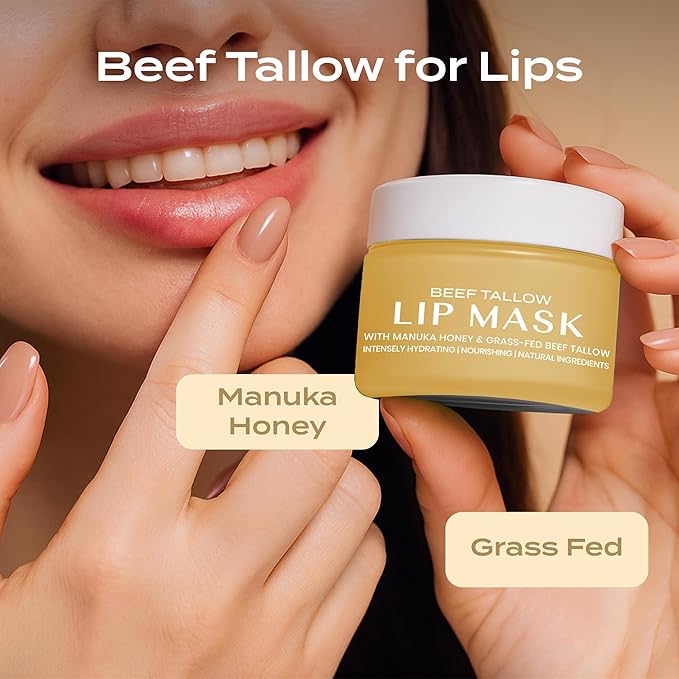 Body Restore Grass Fed Beef Tallow Lip Mask, with Manuka Honey – Christmas Stocking Stuffers, White Elephant, Hydrating Moisture, Travel Essentials, Self Care, Birthday Gifts for Women, Men – Vanilla