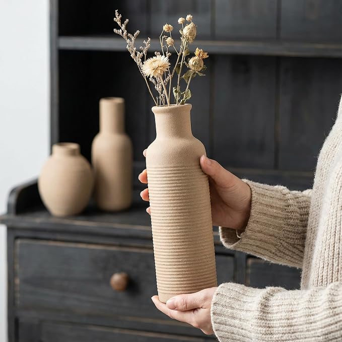 Rustic Farmhouse Vase Set of 3 - Ceramic Decorative Vintage Vases Home Decor - Pampas Grass Dried Fresh Flowers - for Centerpiece, Coffee Table, Mantel Entryway, Living Room, Bedroom (Retro 2)