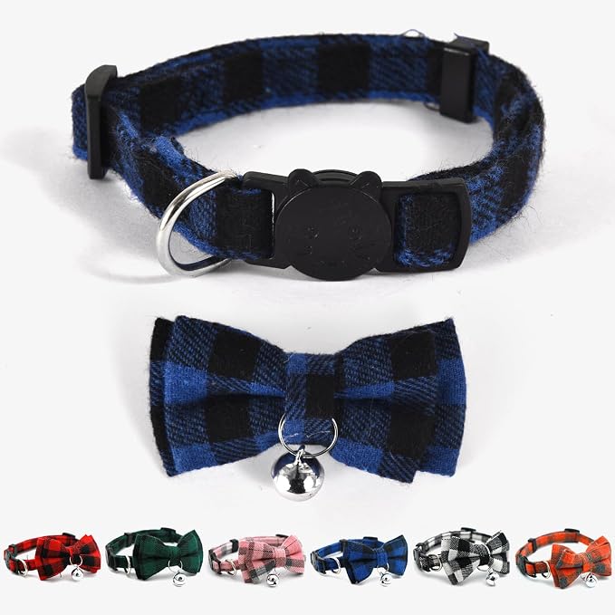 Plaid Breakaway Cat Collar with Bell & Removable Bow Tie – Cotton Kitten Collar with Bells for Boy Cats or Small Dogs. Adjustable Size 8-13.2in (Navy)