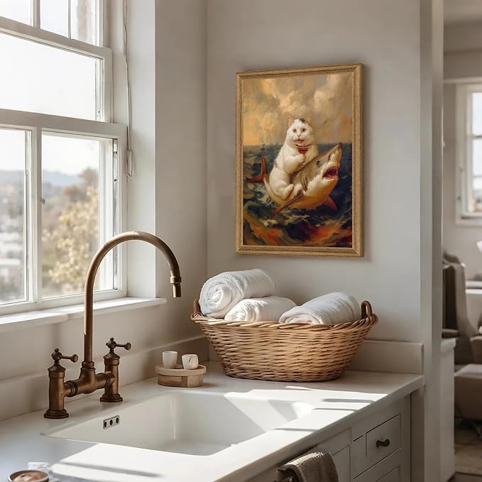 ICHZUMW Framed Funny White Cat Riding Shark Ocean Canvas Wall Art 16x24 In | Quirky Cat Drinking Wine Riding Shark Oil Painting, Humorous Bathroom Wall Decor, Bedroom Restroom Powder Room, Ready to Hang