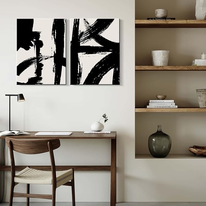 2Pcs Framed Abstract Black and White Canvas Wall Art Minimalist Brushstroke Line Prints Modern Home Gallery Style Painting Posters Picture Bedroom Living Room Office 16x24 Inch Ready to Hang