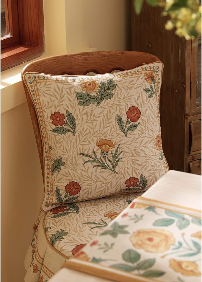 patdrea French Vintage Linen Throw Pillow Cover,18"x18"-RosaSilvestre A | Decorative Pillow Case with Zipper,Yellow Floral Pattern,Cushion Coverfor Couch Living Room Bedroom Sofa