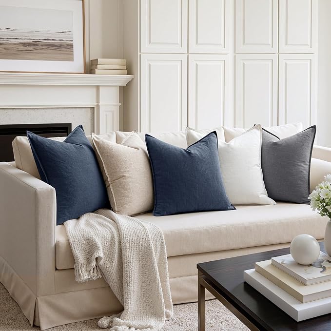 MIULEE Decorative Linen Euro Sham Pillow Covers 24x24 Indigo Blue | Boho Farmhouse Neutral Couch Throw Pillows for Bed, Pack of 2 Accent Coastal Modern Pillowcases, Sofa Livingroom Home Decor