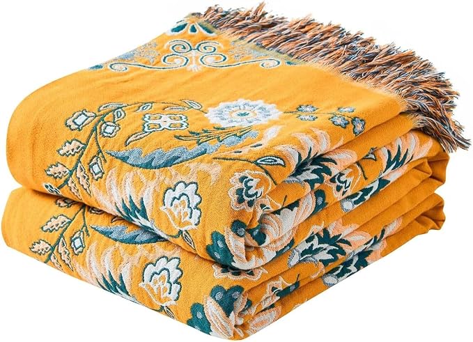 XIBLC Boho Throw Blanket, 100% Cotton Ultra Soft Luxury Throw Rustic Quilt, Floral Printed Farmhouse Decor Bed Summer Blankets, All Season Rustic Reversible Bohemian Throw for Bed (60"x80" Yellow