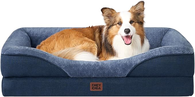 EHEYCIGA Orthopedic Dog Bed for Large Dog, Memory Foam Dog Couch, Navy | 36x27 Inch Large Sized Dog Sofa with Sides, Waterproof Liner & Washable Removable Cover, Bolster Pet Couch