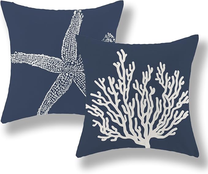 Navy Blue Coral Starfish Pillow Covers 16x16 Inch Set of 2 Coastal Throw Pillows Spring Summer Nautical Beach Ocean Decorations Linen Pillowcase Outdoor Decor Farmhouse Cushion Case for Home