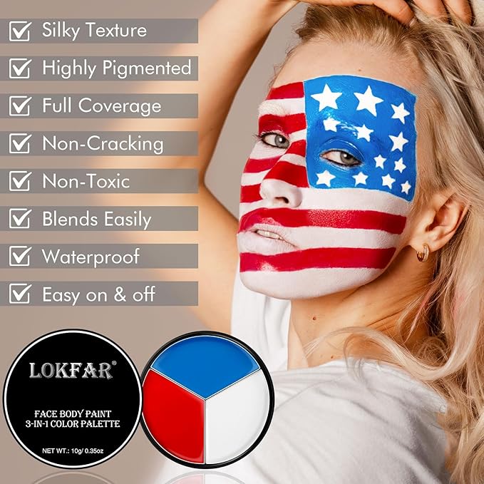 Red White and Blue Face Body Paint, Patriotic 4th/Fourth of July USA Themed Accessories for Women, Baseball Softball Eye-Black Sport, Halloween Face Make-up Kit for American Flag Clown Joker Costume