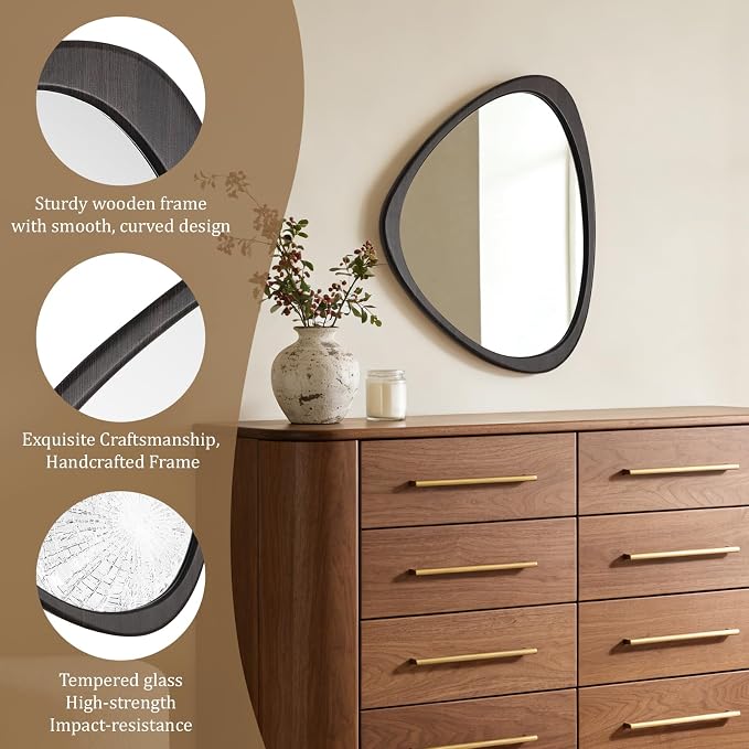 Asymmetrical Mirror, Irregular Wall Mirror, Wall Mirrors Decorative for Bedroom Living Room Entryway Hall, Wood Mirror for mid Century Modern Decor 25" H x 20" W, Dark Brown