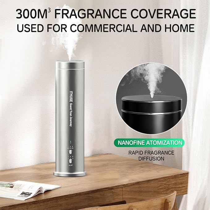 Waterless Essential Oil Diffuser 1000 Sq Ft, Nebulizing Diffuser with Remote & Timer, Adjustable Mist, Mood Light, Plug-in Aromatherapy for Home Office Hotel, Silver M202S