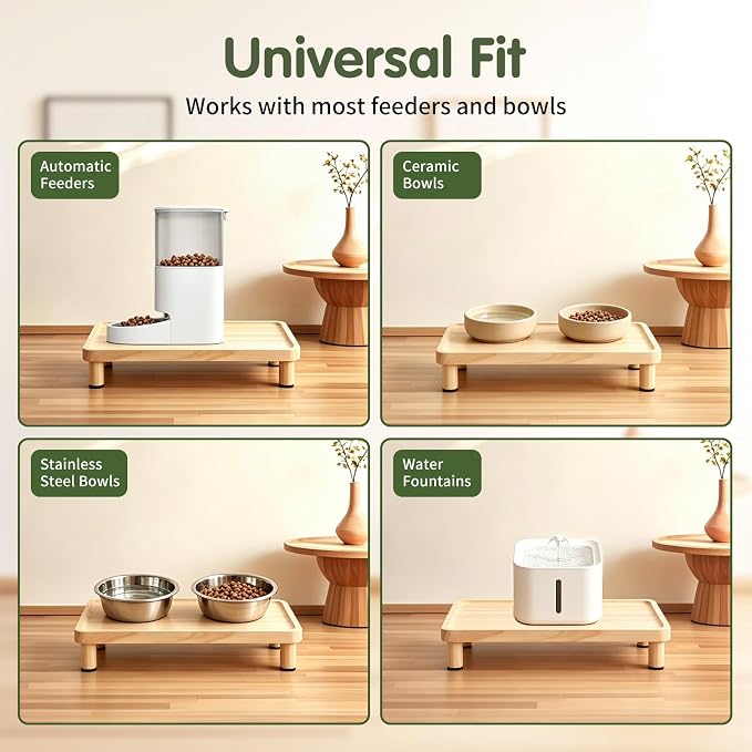 Cat Food Stand, Elevated Cat Feeding Station for Bowls & Feeders | Raised Rim Bowl Support, For Automatic Feeders & Bowls, Non-Slip Feet, Tool-Free Assembly, 15.8 x 9.8 in Wood Platform
