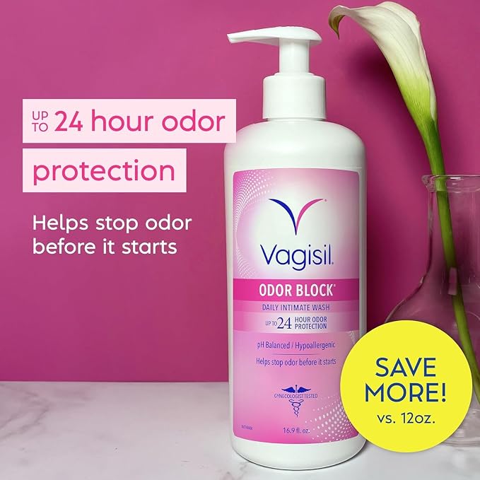Vagisil Feminine Wash for Intimate Area Hygiene, Odor Block, Gynecologist Tested, Hypoallergenic, 16.9 oz with Pump (Pack of 2)