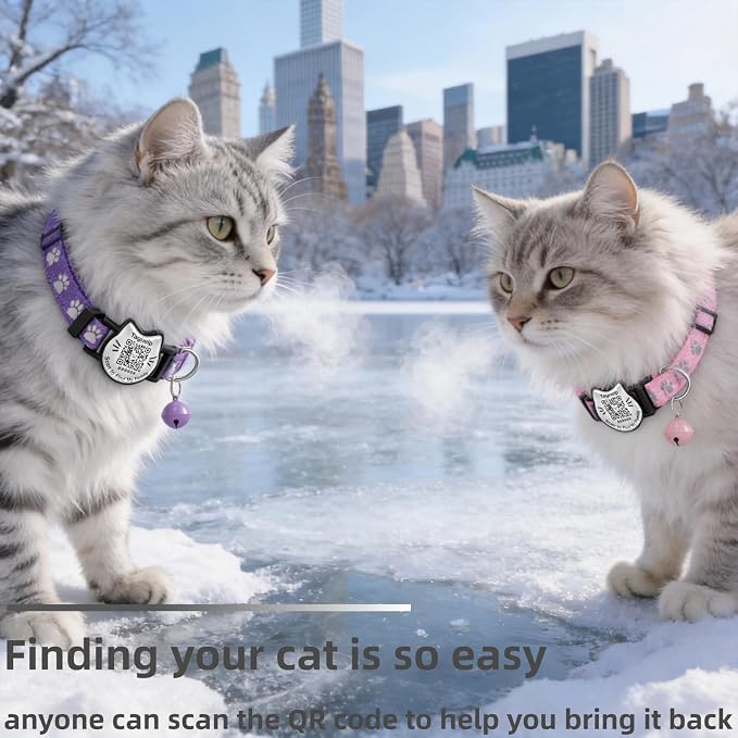 Breakaway Cat Collar with QR Code Tag and Bell (Pink & Purple) | Reflective Nylon, Quick-Release Buckle